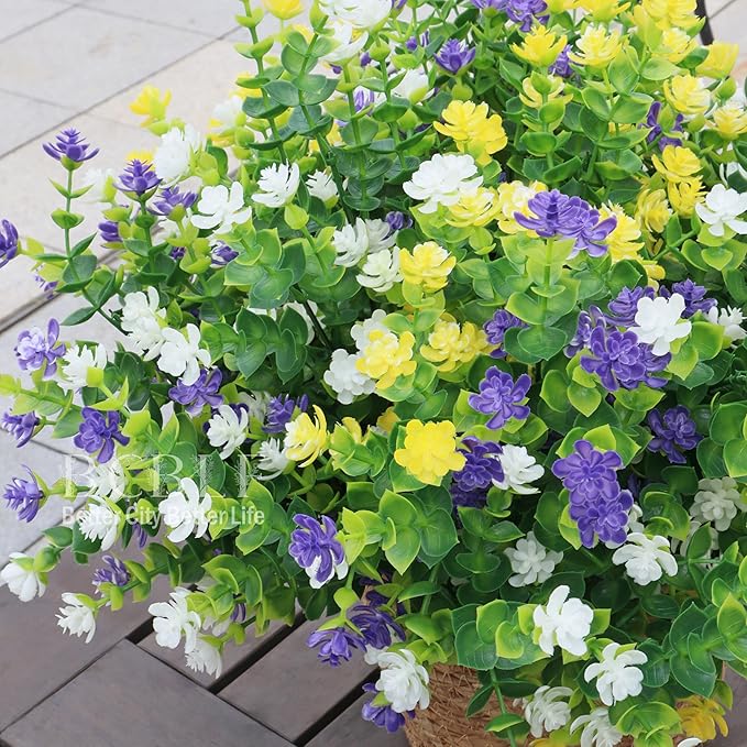BCBLF UV Resistant Artificial Flowers for Indoor and Outdoor Use, 12 Bundles Not-Fading Faux Plants for Porch, Patio, Garden, and Home Decoration - Yellow Purple White