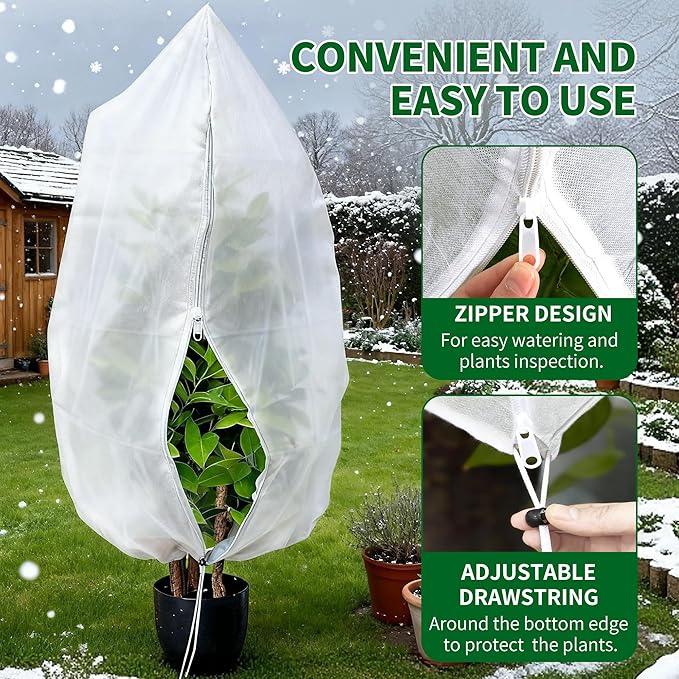 Plant Covers Freeze Protection, 5 Pack Frost Covers with Zipper Drawstring (31.5" x 47.3") Plant Protection Cover Bags for Outdoor Winter Frost Cold Weather Shrubs Trees Jacket Covers, White