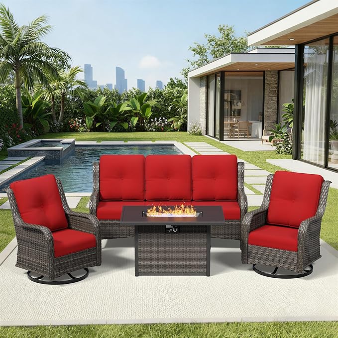 Joyside 4 Piece Wicker Patio Furniture Set with Fire Pit Table, Outdoor Swivel Rocker Patio Chairs with High Back, Deep Seating, Wide Armrest, Thickened Cushions, Outdoor Furniture for Deck, Porch Use
