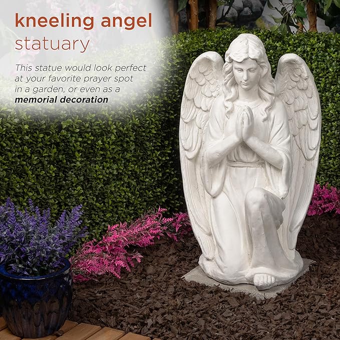 Alpine Corporation 27" Tall Indoor/Outdoor Kneel Praying Angel Statue, Tabletop Garden Decor, White