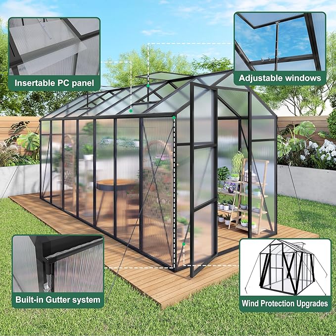 6x12x7 FT Greenhouse, Polycarbonate Greenhouse for Outdoors with Stronger Wind Protection and Roof Vent, Walk-in Large Aluminum Sunroom Winter Proof, Black