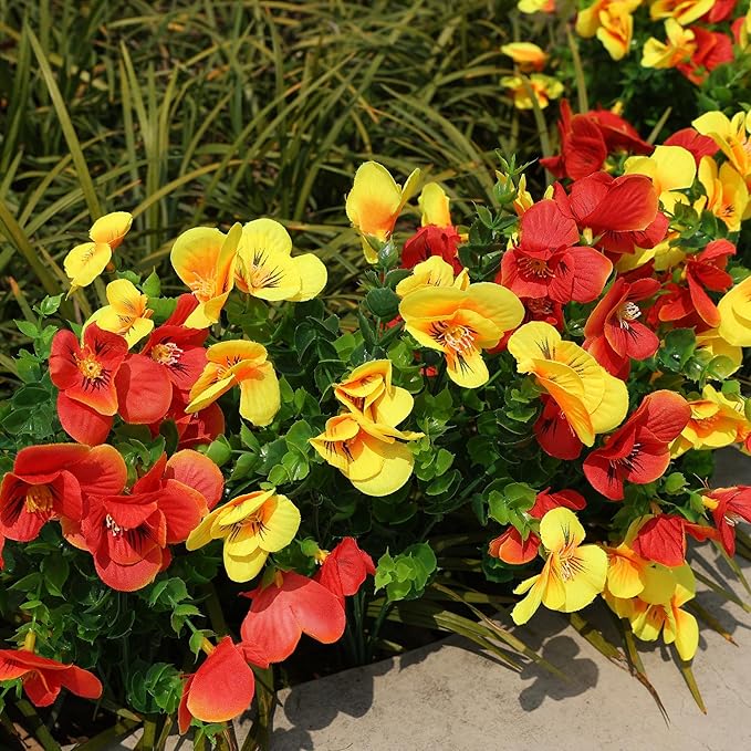 Artificial Pansies Faux Flowers Plants for Outdoor Outside Decoration, 12 Bundles Fake Pansy UV Resistant Realistic Silk Flowers Bouquets with Eucalyptus for Planter Front Door Garden Porch Patio Yard