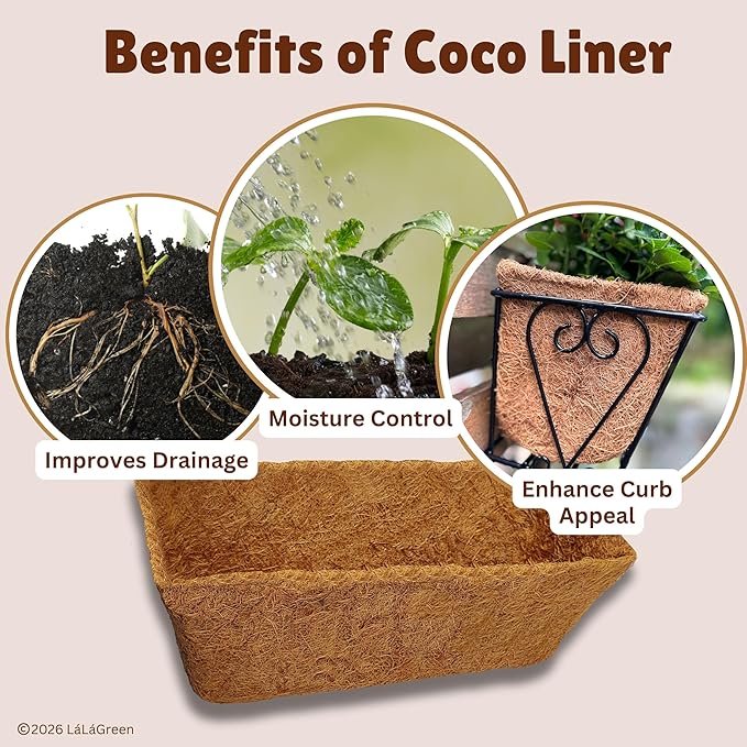 LaLaGreen 16" (8 Pack, Rectangular) Trough Coco Liners for Planter – Medium Coconut Coir Replacement for Window Box, Wall Mount Flower Pot, Outdoor Use– Also Available in 24/30’’ and Different Shapes