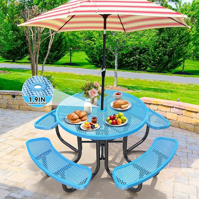 46" Round Top Outdoor Picnic Table Set for Up to 8 Persons, Outside Table Set with 4 Built-in Benches, Metal Commercial-Grade Dining Furniture with Umbrella Hole for Garden, Backyard, Porch, Blue
