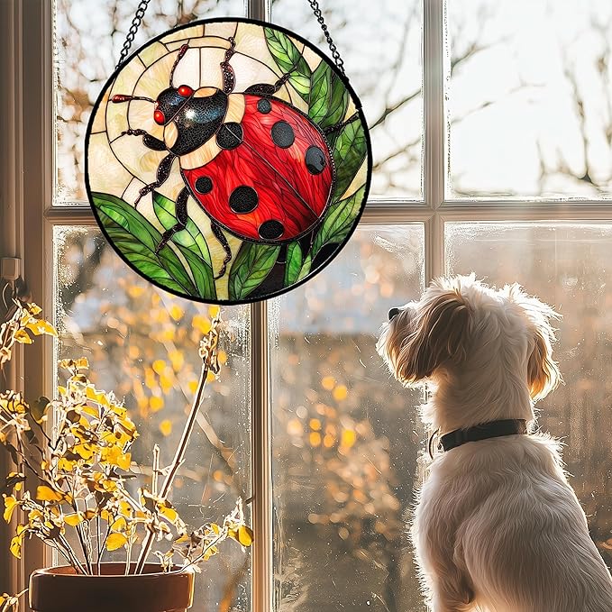 AMDERVEN Stained Glass Window Hanging - Red Seven-Spotted Ladybug Sun Catcher for Door Home Decor Insect Suncatcher Christmas Mother's Day Birthday Gifts for Women Men Mom Nana 6.3 in