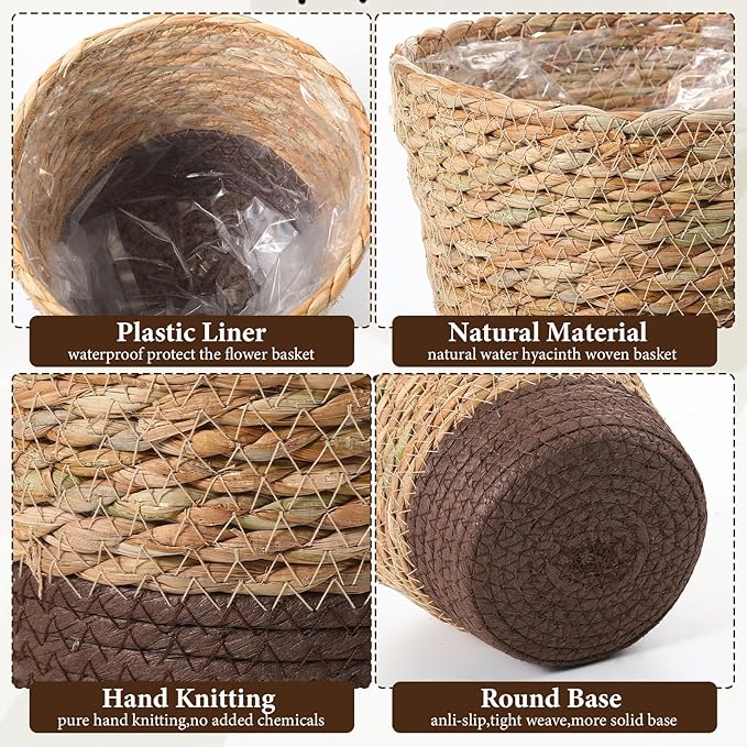 12 Pcs Seagrass Plant Basket with Plastic Liners Woven Stylish Planter Baskets Bulk Indoor Outdoor Plants Woven Wicker Baskets for Flower Pots Cover and Room Decor Small (Small,Scandinavian)