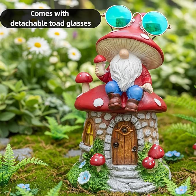 Solar Mushroom Gnomes Houses Figurine Lights, 8" Height Fairy Garden House LED Ornaments for Outside, Lighting Statue for Yard Patio Lawn Porch, Gardening Gifts for Women Mom Grandma