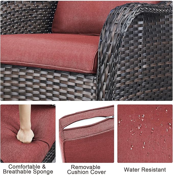HUMMUH 3 Pieces Patio Bistro Set Wicker Patio Chairs Set of 2 with Tempered Glass Top Side Table Rattan Outdoor Furniture Conversation Set for Yard,Garden,Porch (Brown/Red)