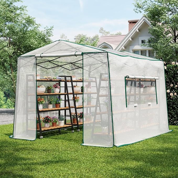 11.5x8.5x7.4 ft Walk-in Greenhouse, Portable Plant Hot House with Zipper Windows & Doors, Heavy-Duty PE Cover & Steel Frame, for Garden, Backyard