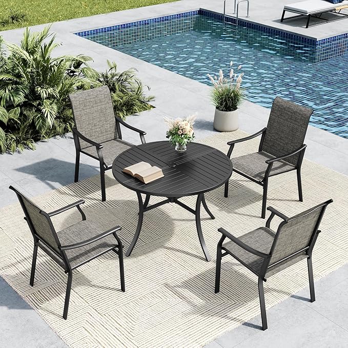 MFSTUDIO 5 PCS Patio Dining Set with 4 Sling Dining Chairs and 1 Round Heavy Duty Metal Table for 4, All Weather Resistant Patio Dining Furniture Set, Grey