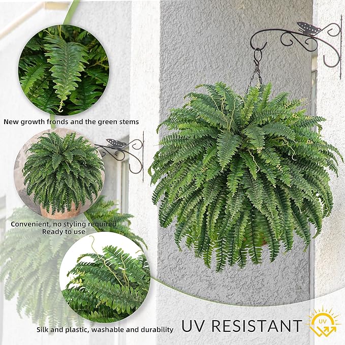 50" Artificial Boston Ferns, Fake Bush Plants, Large Faux Ferns with 96 Fronds for Outdoors Home Decor