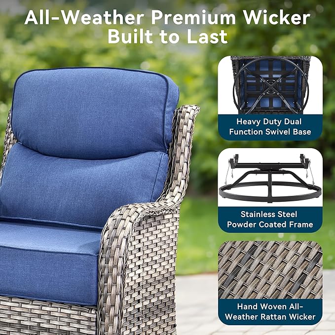 Luxury High Back Outdoor Furniture with 6-Inch Thick Cushions, Patio Furniture Set with Swivel Chairs, 4 PCS Wicker Conversation Set for Porch, Balcony, Deck and Yard