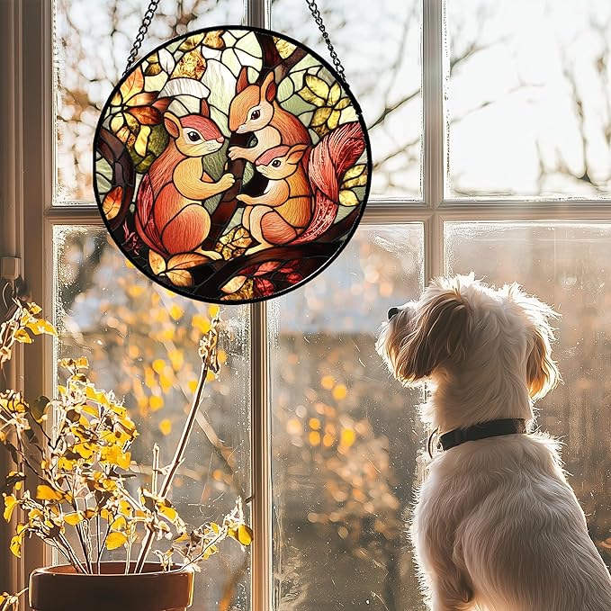 Stained Glass Window Hanging - 3 Cute Squirrels Suncatcher for Doors Garden Patio Sun Catchers Decor Christmas Mother's Day Teenager Birthday Gifts for Women Men Mom Nana Friend 15 in