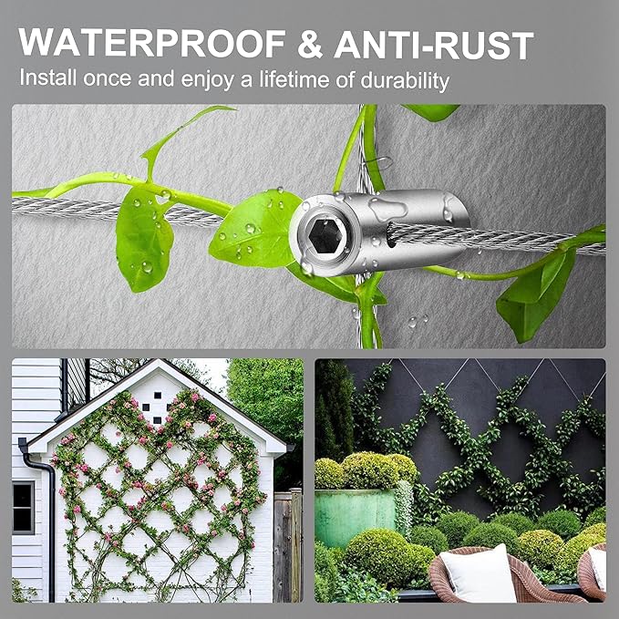 Wire Trellis for Climbing Plants Outdoor, 20-Set Wall Wire Trellis Kit with 1/8in x 98ft Stainless Steel Cable & Cutter, T316 Cylindrical Espalier System for Fence and Garden DIY Projects