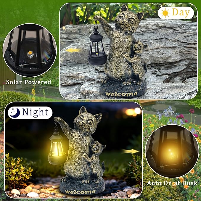Cat Garden Statue Outdoor Decor - Solar Cat Garden Statue,Cats Figurine Ornaments,Waterproof Outdoor Sculptures for Yard Lawn Backyard Patio Balcony Home Decorations,Unique Cats Gifts for Women