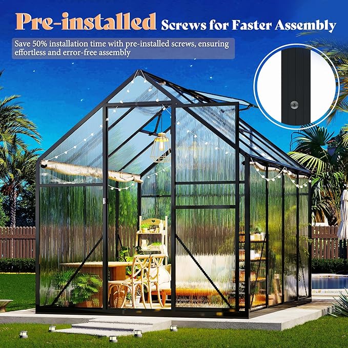 AMERLIFE 6x8x6.3 FT Ft Polycarbonate Greenhouse for Outdoors, Walk-in Design with Aluminum Frame, 2 Windows and Swing Door, Heavy-Duty Greenhouse Construction for Garden, Black