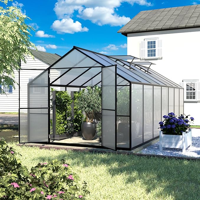 MUPATER 8 x 14 FT Heavy Duty Greenhouse, Polycarbonate Green House Kit with Aluminum Frame, Walk-in Greenhouse with Lockable Door and Ajustable Roof Vent for Backyard, Outdoors, Grey