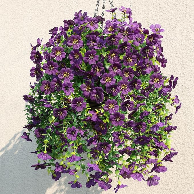 HyeFlora Artificial Hanging Flowers Basket for Outdoor, Fake Flowers Faux Plants Look Real for Yard Gardens Porch Patio Home (Darkpurple)