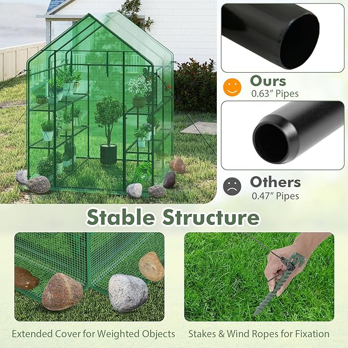 Happygrill Greenhouse for Outdoors, Portable Green House w/8 Shelves, Roll-Up Zippered Door, 2 Observation Windows & 2 Tiers, PE Cover, Wind Rope, Walk-in Greenhouse for Outside, 57”L x 57”W x 77”H