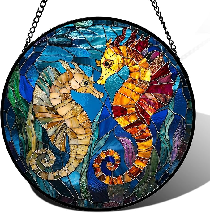 Stained Glass Window Hanging - Blue Ocean Orange Seahorse Suncatcher for Door Terrace Garden Home Decor, Marine Life Sun Catcher Birthday Gifts for Lovers Women Men Dad Mom Nana 11.8 in