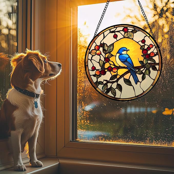 Stained Glass Window Hanging Blue Bird On A Branch 7.8" - Retro Suncatcher Door Garden Sunroom Sun Catcher Home Decor Birthday Christmas for Mom Men Woman Nana