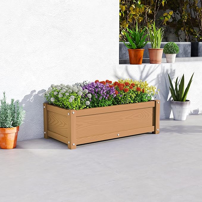 HDPE Planter Box, All-Weather Outdoor Garden Bed Easy to Assemble, Drainage System, Low Maintenance, Non-Fading, for Flower/Herb/Seed (Teak)