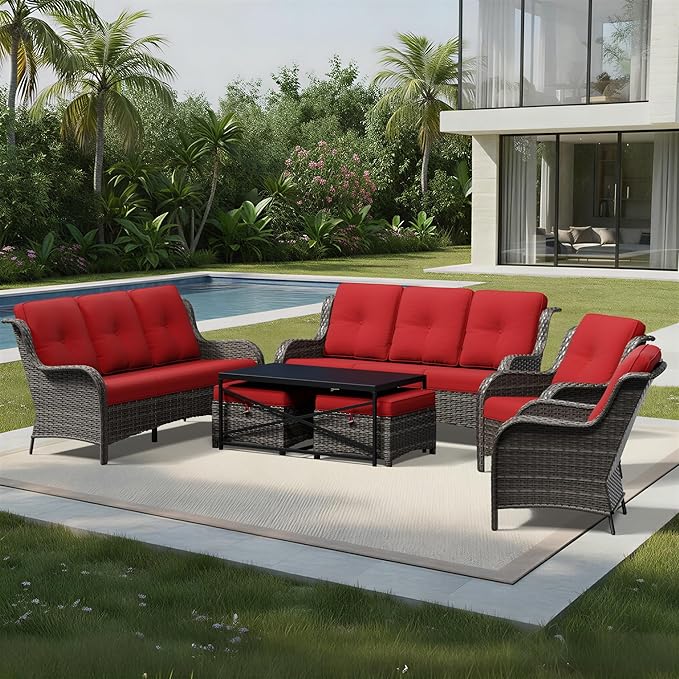 Joyside 7 Piece Wicker Patio Furniture Set, Rattan Patio Chairs with High Back, Deep Seating, Wide Armrest, Thickened Cushions, Outdoor Furniture for Deck, Porch Use