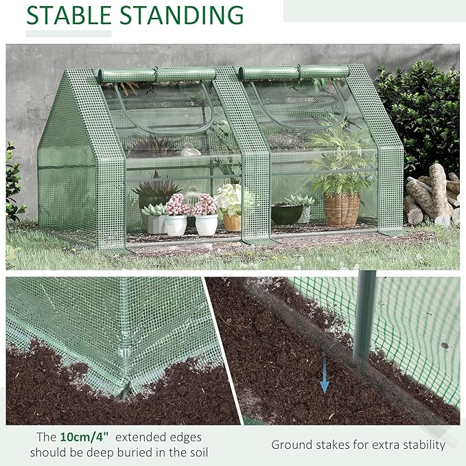 Outsunny 6' x 3' x 3' Portable Greenhouse, Garden Green House with 2 PE/Plastic Covers, Steel Frame and 2 Roll Up Windows, Green