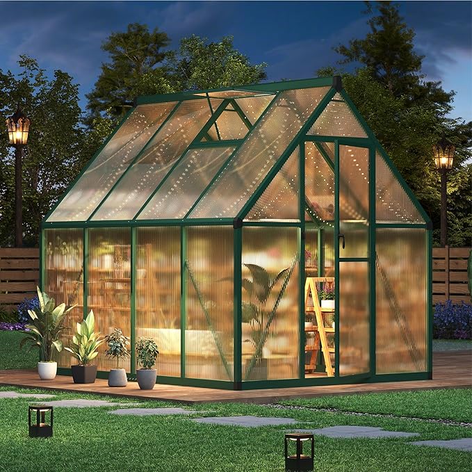 6 x 7 ft Greenhouse, Polycarbonate Walk-in Greenhouse with Aluminum Frame, Adjustable Roof Vent and Lockable Door, Easy Assembly, Green Houses for Outside, Garden, Backyard and Patio