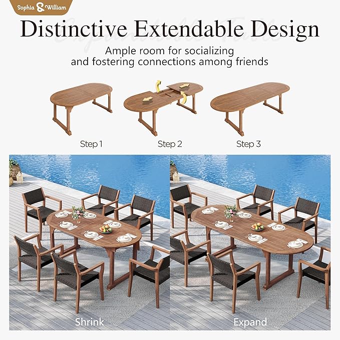 Sophia & William Patio Outdoor Table and Chairs Set, Patio Dining Sets for 8, 9 Pieces Patio Table Set Acacia Wood Table Expandable and Rattan Chairs for Backyard Deck Porch Outside