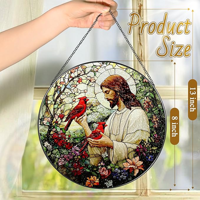 8-Inch Jesus with Cardinals Suncatcher Ornament, Stained Glass Window Hanging & Religious Christmas Ornament, Christian Window Decor — Memorial Gift, Christian Gifts for Her, Religious Gifts