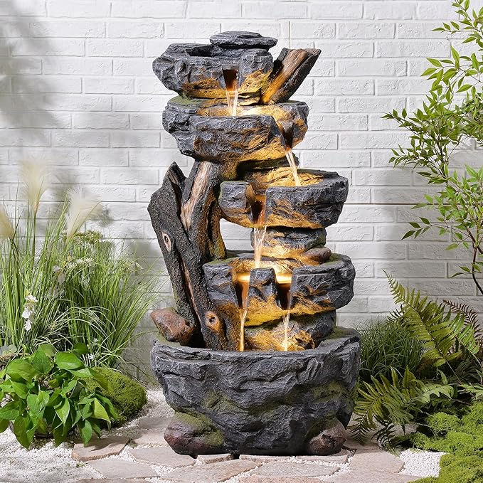 47.2" H Large Water Fountain Outdoor - 5 Tiers Cascade Floor Standing Rock Wood Like Waterfall Fountain with LED Lights for Garden Patio Backyard Porch Home Decor