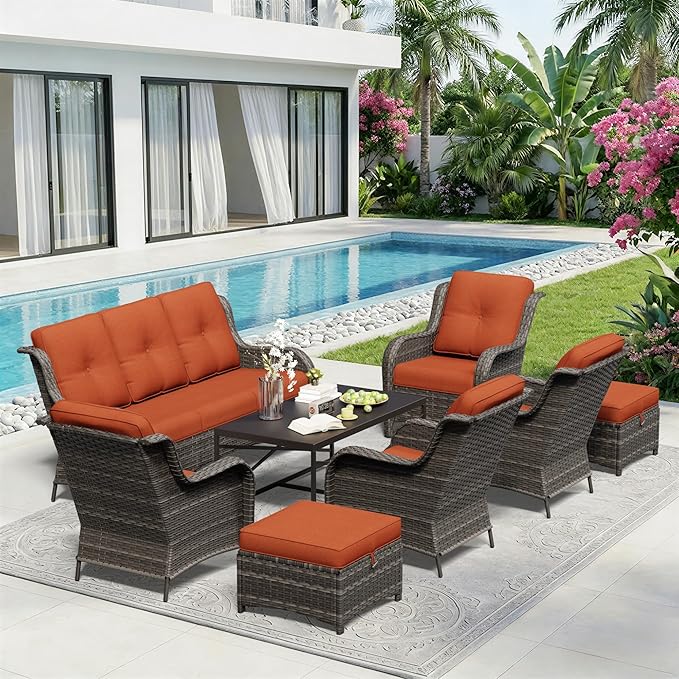 8 Piece Outdoor Wicker Patio Furniture Set, Patio Chairs Set with Thickened Olefin Cushions, High Back and Deep Seating, Hand-Woven PE Rattan, Ottoman for Porch, Deck