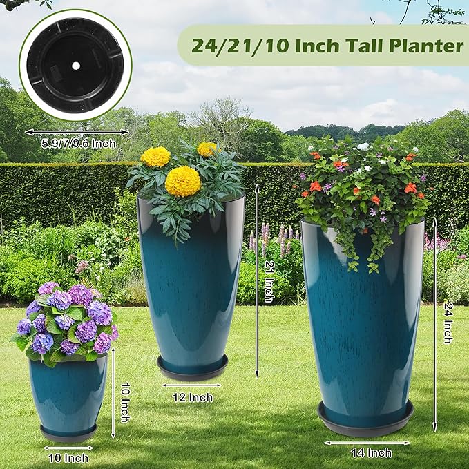 Goldshire 24-21-11 Inch Tall Planters Set of 3, Indoor Outdoor Blue Glossy Round Planter with Drainage Hole and Saucer, Large Decorative Plant Pots for Home Garden Porch