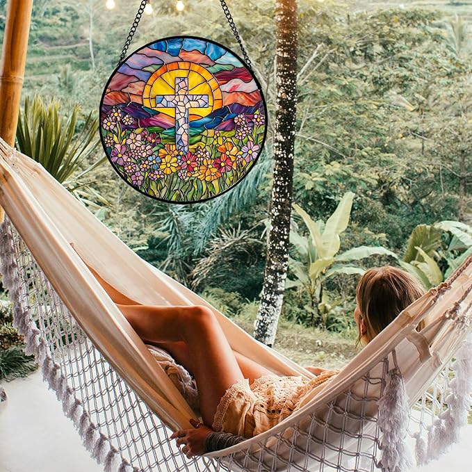 JOSUMALY Stained Glass Window Hanging - Cross Flower Sea Sun Catcher for Door Terrace Garden Home Decor, Mountains Landscape Suncatcher Birthday Gifts for Lovers Women Men Dad Mom Nana 15 in
