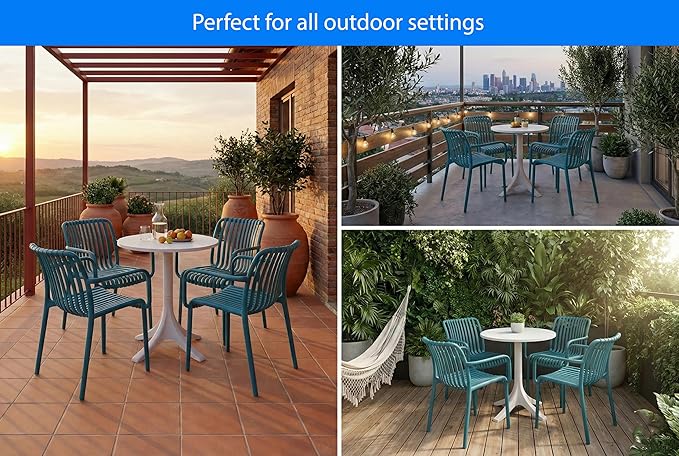 4 x Outdoor Stackable Dining Chair, All-Weather Plastic Patio Chair, Pool Side Chair, Modern Slatted Design for Balcony, Garden, Backyard, Indoor & Outdoor Use (Armrest, Teal Blue)