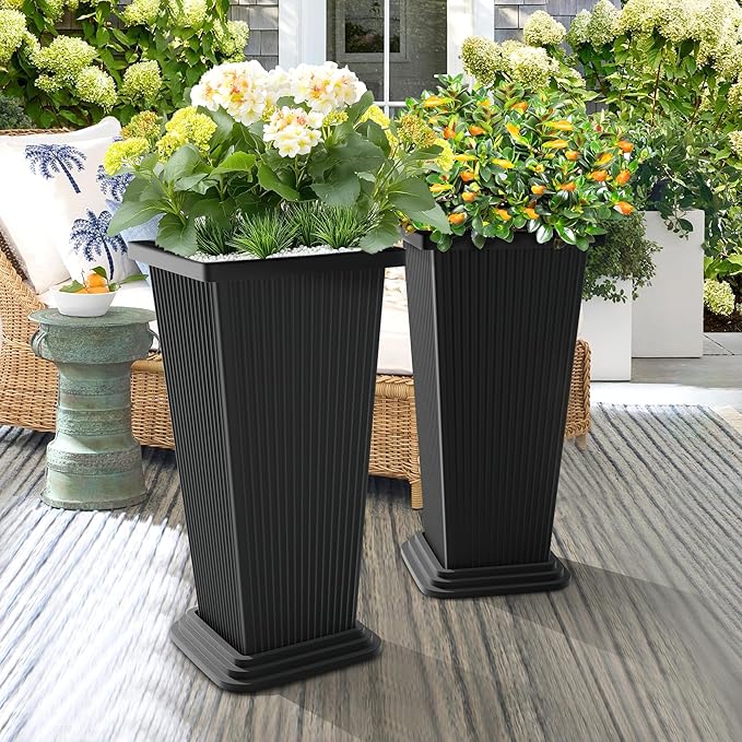 TUYOHW Set of 4 24" Tall Plastic Planters with Trays, Large Tapered Plant Pots for Indoor Outdoor Use, Modern Decorative Planters for Porch, Patio, Garden, and Backyard