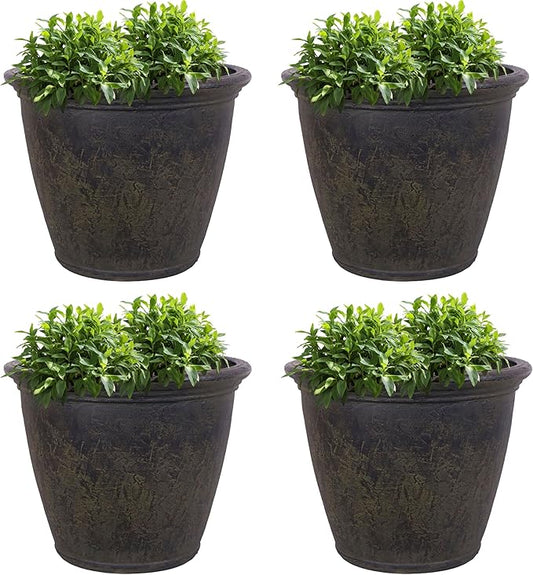 Sunnydaze 24-Inch Anjelica Large Plastic Pot for Plants - Double-Walled Outdoor Polyresin Round Planter Porch Pot with Drillable Drainage Holes - Sable - 4pk