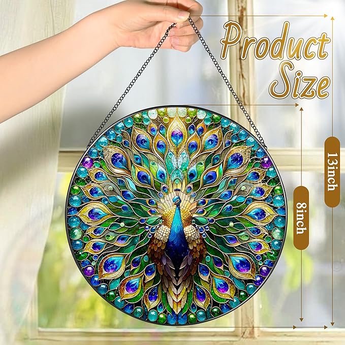 Stained Glass Window Hanging, LAOWEIKI 8'' Peacock Suncatcher, Stained Glass Ornament, Suncatchers for Windows Hanging, Window Decor, Outdoor or Indoor, Gifts for Women, Lovers, Couple, Friend, Bestie