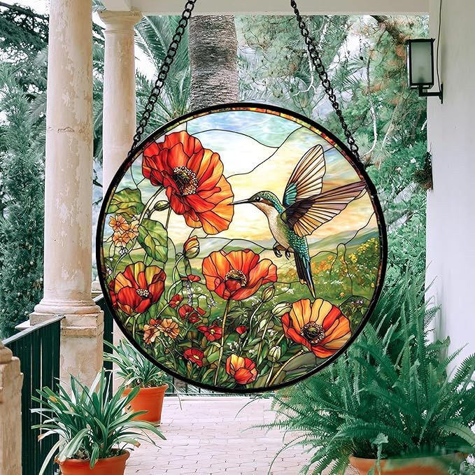 DASTOLL Stained Glass Window Hanging, Hummingbirds Orange Flowers Suncatcher Diamond Glass Panel Hangings Sun Catchers Decor for Birthday for Women, Men, Wife, Aunt, and Mom 14.9 in