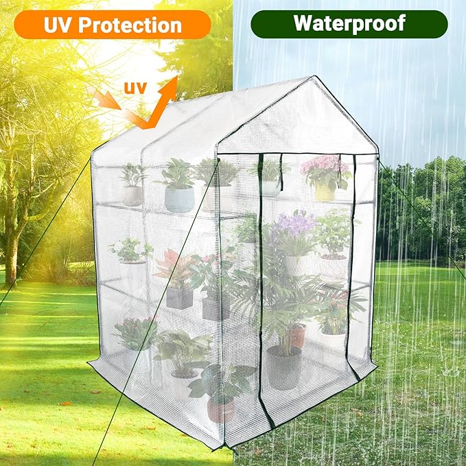Walk-in Greenhouse for Outdoors, Small Green House Outdoor with 3-Tier Shelves, Roll-Up Zippered Door & Mesh Window, All-Season Plant House for Vegetables Herbs Flowers for Patio Backyard Gardening