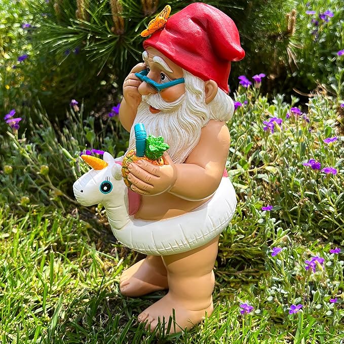 Mood Lab Garden Gnome with Unicorn - Funny Gnome Statue - 9 Inch Tall Lawn Figurine - for Outdoor or House Decor