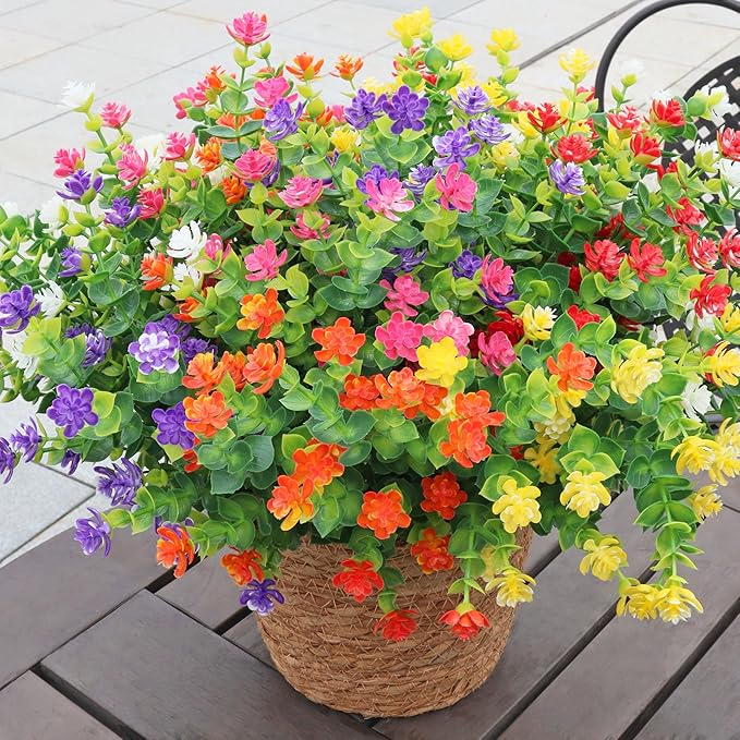 BCBLF Not-Fading 6 Color Mixing Artificial Flowers, 12 Bundles Realistic Faux Plants for Indoor & Outdoor Décor Weatherproof PE Fake Plants for Porch Patio Garden and Home Decoration