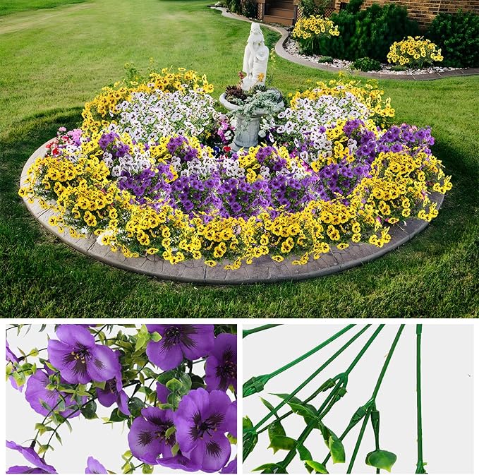 Rowfad 18 Pcs Artificial Fake Pansy Flowers for Outdoor, Faux Silk Pansies Spring Flowers for Outside for Planter Front Door Porch Yard Patio Window Box Home Decor (18, Purple, Yellow, White)