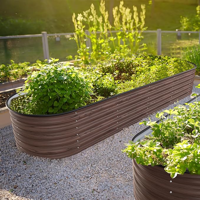 BlueWish 8x2x1.4FT Metal Galvanized Raised Garden Bed, 17’’H Wood Grain Raised Garden Bed, 9 in 1 Modular Planter Box Raised Bed for Gardening Plants Flowers, Rustic