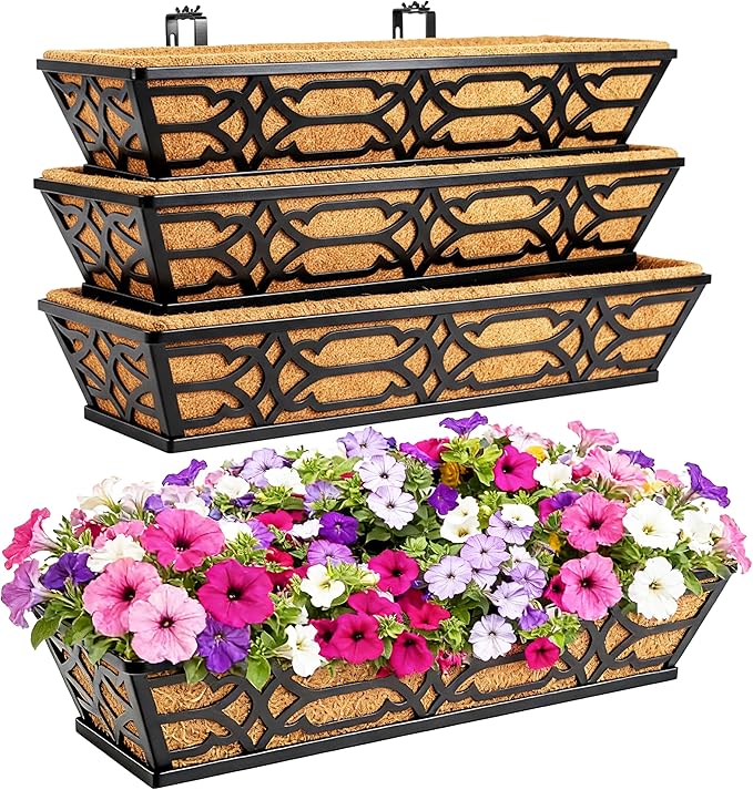 Railing Planter Box, Window Planter Boxes Outdoor 4 Pack 30 Inch Hanging Planter with Adjustable Bracket for Porch, Fence Flower Baskets with Coco Liners