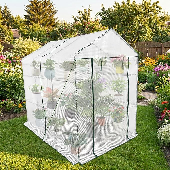 Walk-in Greenhouse for Outdoors, Small Green House Outdoor with 3-Tier Shelves, Roll-Up Zippered Door & Mesh Window, All-Season Plant House for Vegetables Herbs Flowers for Patio Backyard Gardening