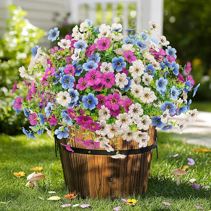 Artificial Spring Flowers Outdoors Faux Plants UV Resistant Plastic Flowers Outdoors Fake Greenery Plants Outside for Garden Porch Planters Silk Flowers Daisy Decor, 12 Bundles (Mix White Blue Purple)