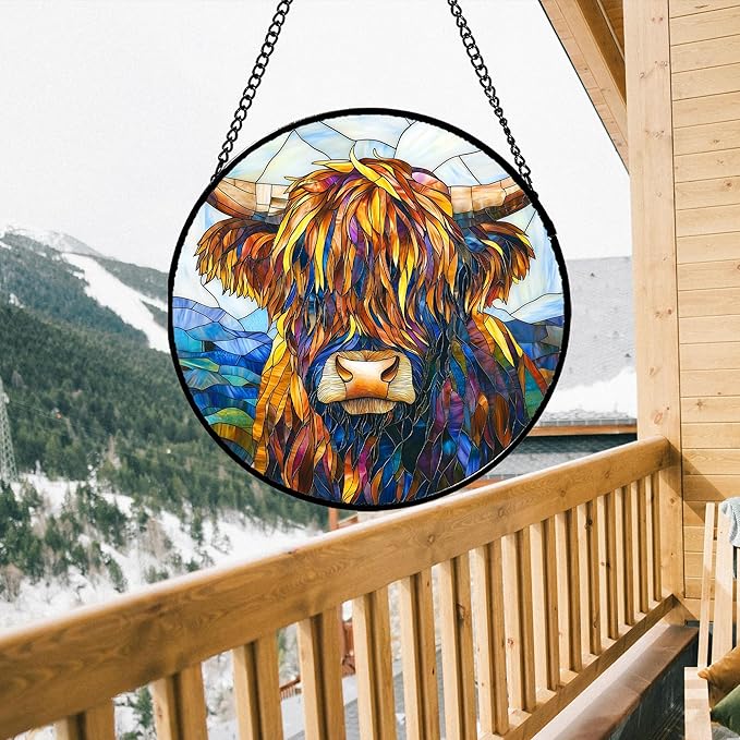 Stained Glass Window Hanging - Highland Cattle Suncatcher for Door Terrace Garden Home Decor Western Style Brown Cow Sun Catcher Birthday Gifts for Lovers Women Men Dad Mom Nana 15 in
