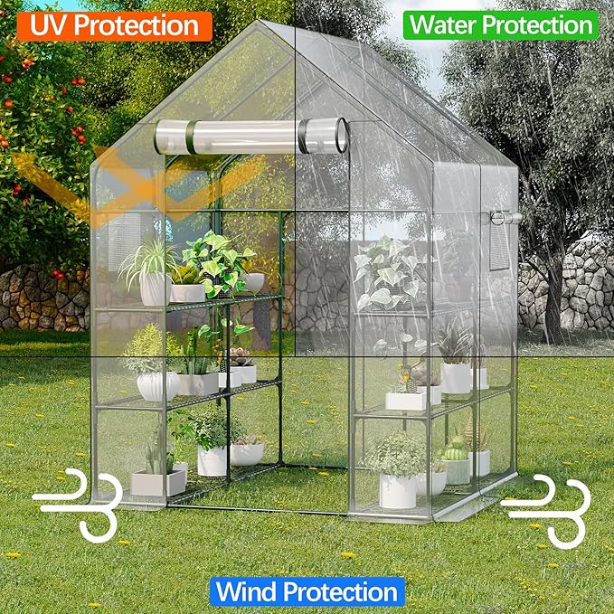 Walk in Greenhouse with Screen Windows & Roll-Up Zipper Door, 56 x 56 x 77'' Plant Green Houses for Outdoors, 3 Tiers 12 Shelves Stands Plastic Portable Small Indoors Warm (Clear)